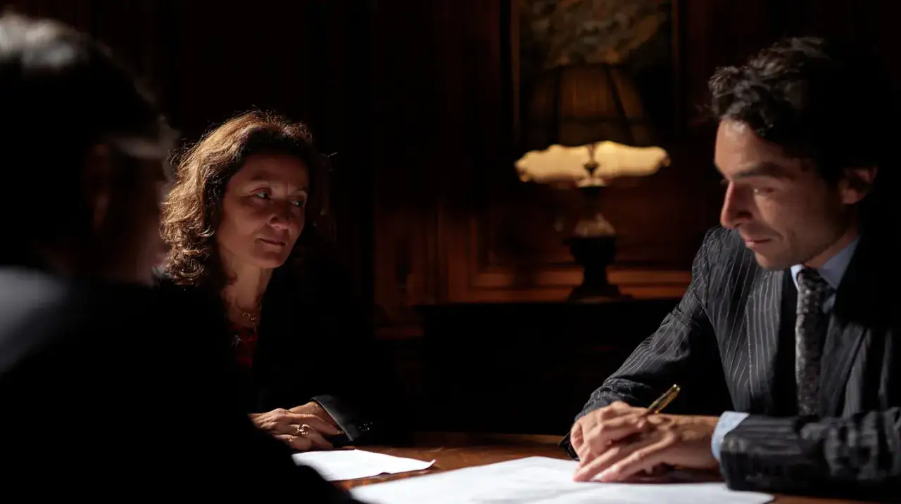 Trois personnes discutent autour d'une table, probablement pour le partage des biens apr&egrave;s d&eacute;c&egrave;s des parents. Un homme signe un document.