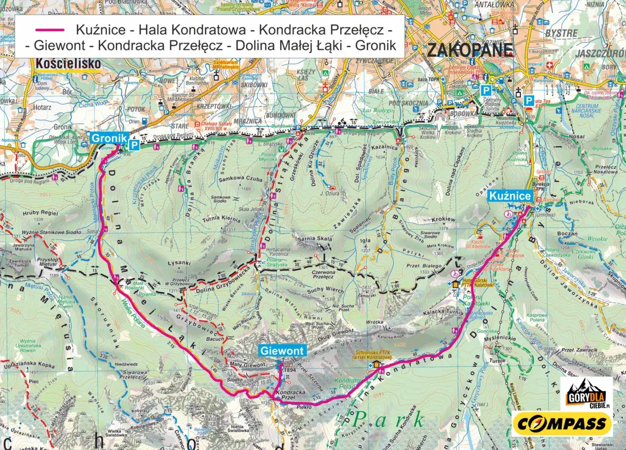 Szlak na Giewont przez Dolinę Małej Łąki i Kondracką Przełęcz. Mapa turystyczna Tatr.