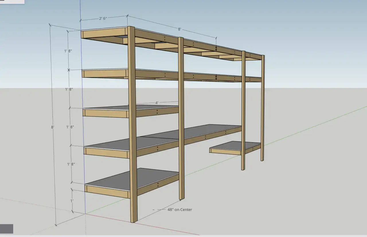 Progetto per scaffali fai da te garage: struttura in legno a più ripiani, alta 8 piedi, profonda 2 piedi e 6 pollici, con ripiani distanziati di 1 piede e 8 pollici.