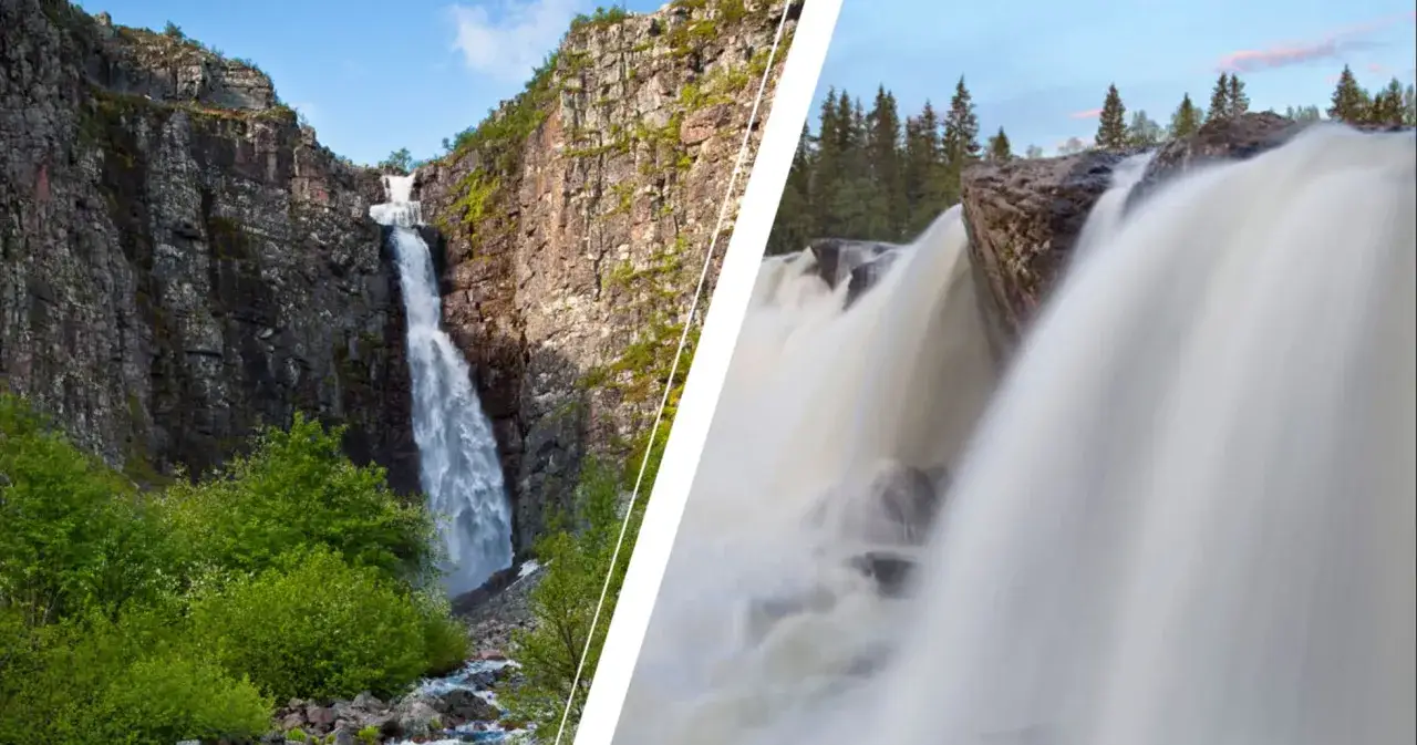 Två mäktiga forsar i Sverige. Vatten forsar nerför klippor i en grönskande ravin och en annan, bredare fors sköljer över stenar i en skogsmiljö.