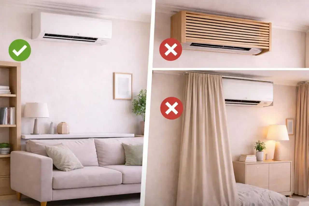 Instalaci&oacute;n correcta de un split aire acondicionado, sin obstrucciones. Evita cubrirlo con muebles o cortinas.