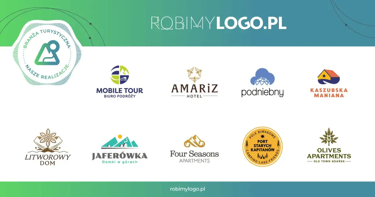 Kreatywne polaczenia kolorow w logotypach: Mobile Tour, Amariz Hotel, Podniebny, Kaszubska Maniana, Litworowy Dom, Jaferówka, Four Seasons, Port Starych Kapitanów, Olives Apartments.