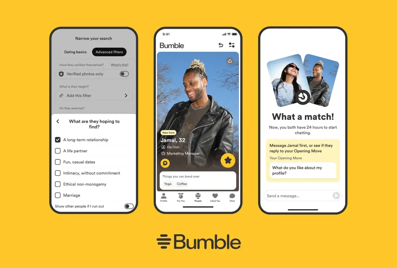 Trzy ekrany telefonu z aplikacją bumble: filtrowanie, profil użytkownika i dopasowanie.