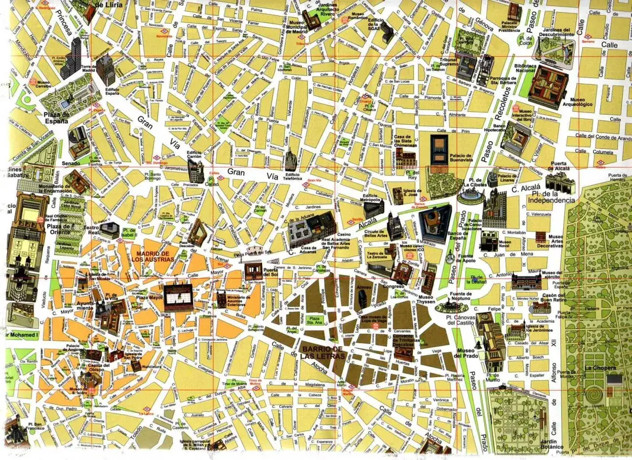 Mapa turystyczna Madrytu z zaznaczonymi zabytkami i ulicami. Plan zwiedzania obejmuje m.in. Muzeum Prado, Pałac Królewski i Plac Mayor.