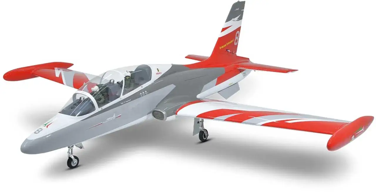 Ein detailgetreues **Phoenix Model** eines roten und grauen Jet-Flugzeugs mit weißen Akzenten, bereit zum Abheben.