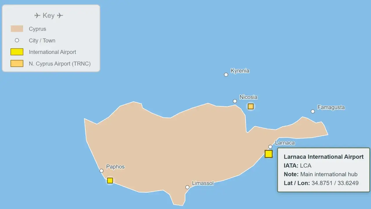 Karta &ouml;ver Cypern som visar st&auml;der och internationella flygplatser, inklusive Larnaca flygplats.