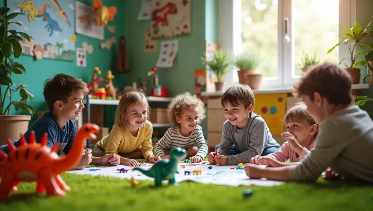 Dzieci bawią się na dywanie, tworząc własny świat z zabawkami dinozaurów. To wspaniały dzień dinozaura w przedszkolu!
