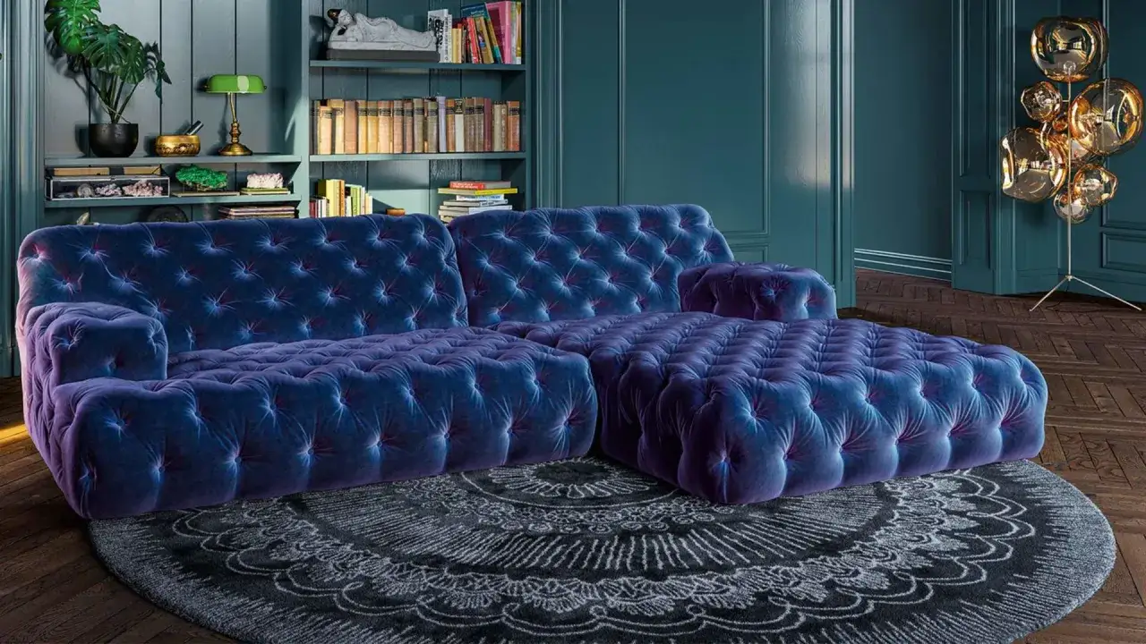 Ein luxuriöses, dunkelblaues Wohnzimmer mit einem tief gepolsterten Sofa und einem runden Teppich. Bücherregale und eine auffällige Stehlampe vervollständigen den eleganten Raum.