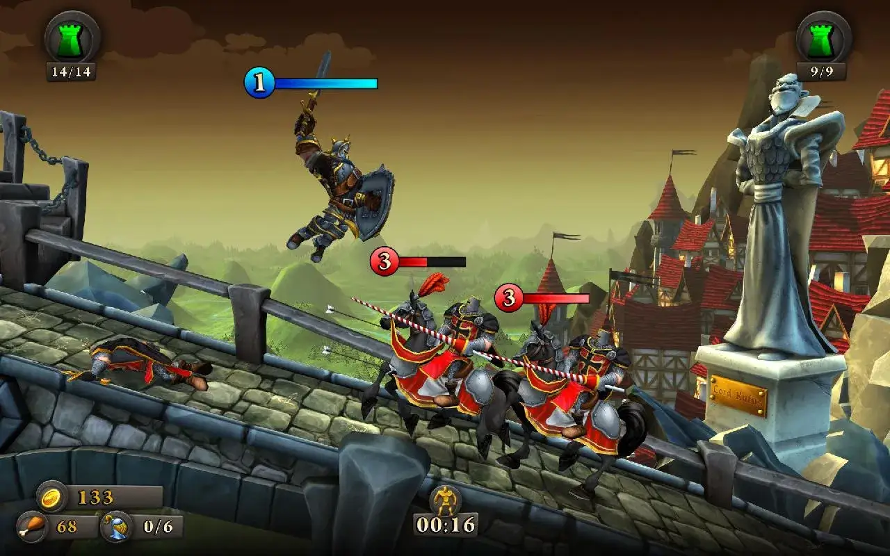 Caballeros en carga, un guerrero aéreo y un monumento en un juego de estrategia para PS4.