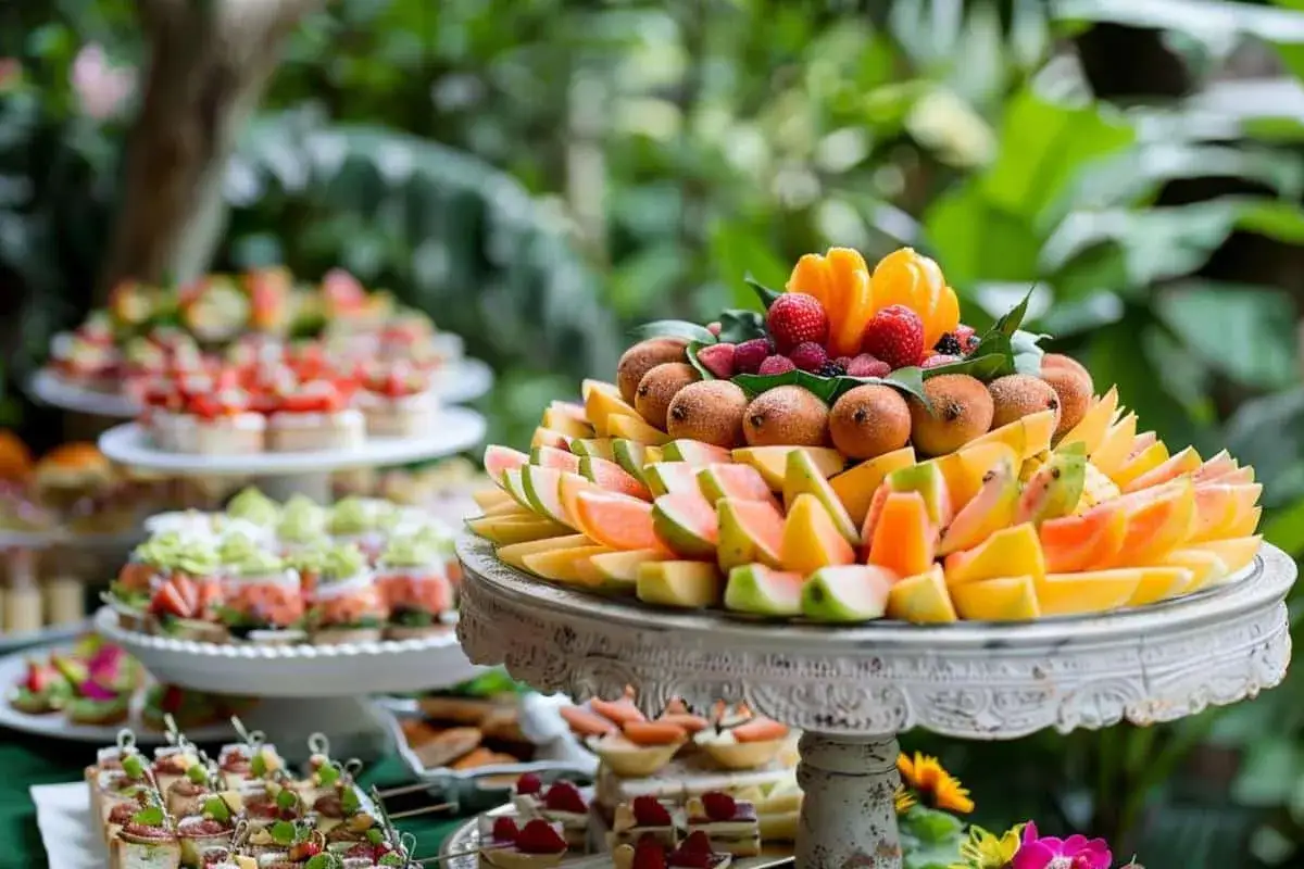 Un magnifique plat soiree de fruits frais, un d&eacute;lice color&eacute; pour un &eacute;v&eacute;nement en plein air.