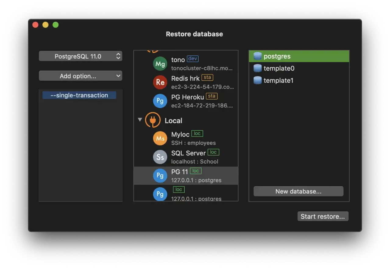 Interfejs do **pg restore** z listą baz danych i opcją `--single-transaction`.
