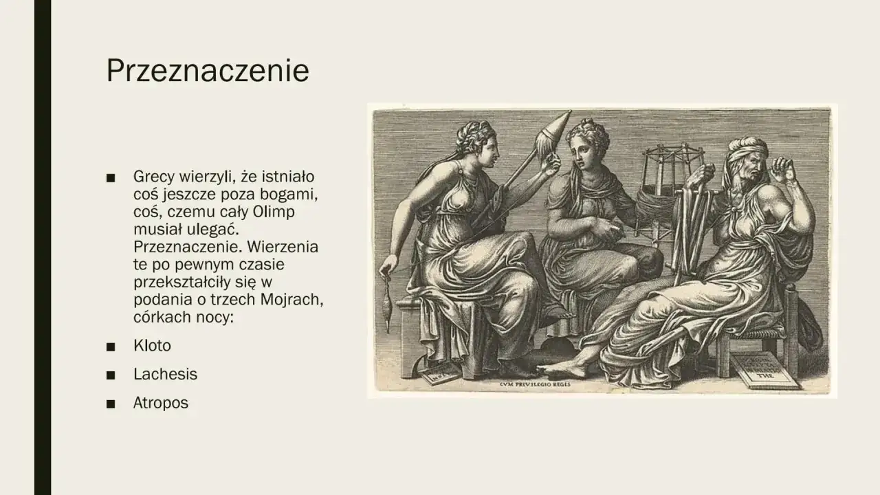 Trzy Mojry, uosobienie fatum, przędą nić życia. Jedna przędzie, druga mierzy, trzecia przecina.