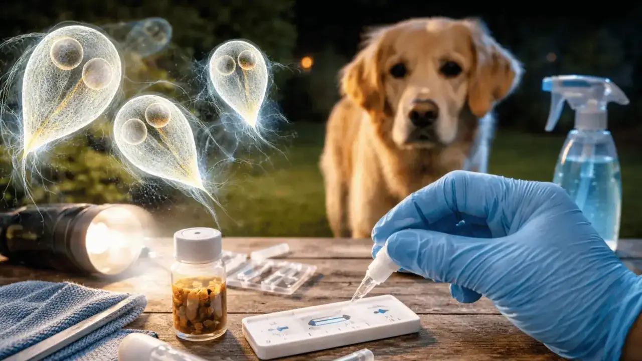 Ein Hund schaut besorgt, während ein Test auf Giardien durchgeführt wird. Kleine, leuchtende Parasiten schweben im Hintergrund.