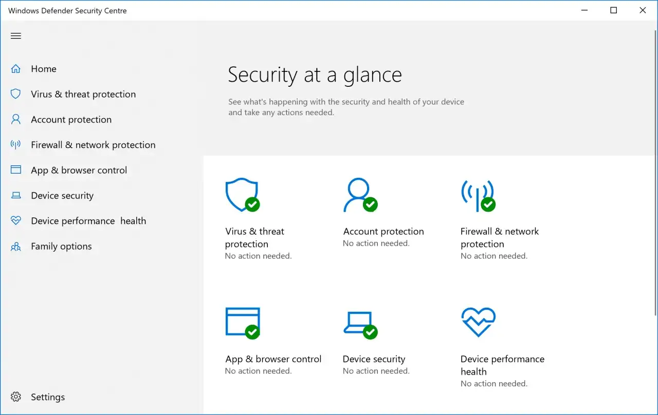 Centrum bezpieczeństwa Windows Defender pokazuje stan antywirusa na komputerze. Wszystkie opcje ochrony są aktywne.