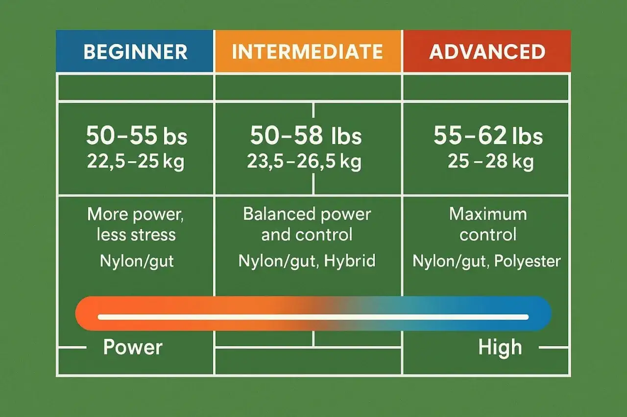 Guida alla tensione corde tennis: Beginner (50-55 lbs, pi&ugrave; potenza), Intermediate (50-58 lbs, potenza e controllo), Advanced (55-62 lbs, massimo controllo).