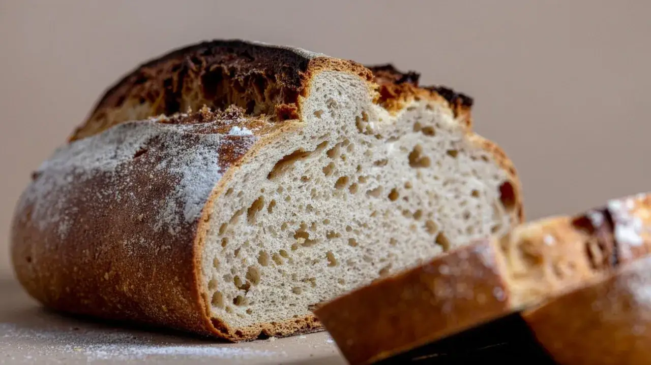 Un pan casero recién horneado, con corteza dorada y miga esponjosa. Ideal para aprender como hacer pan casero.