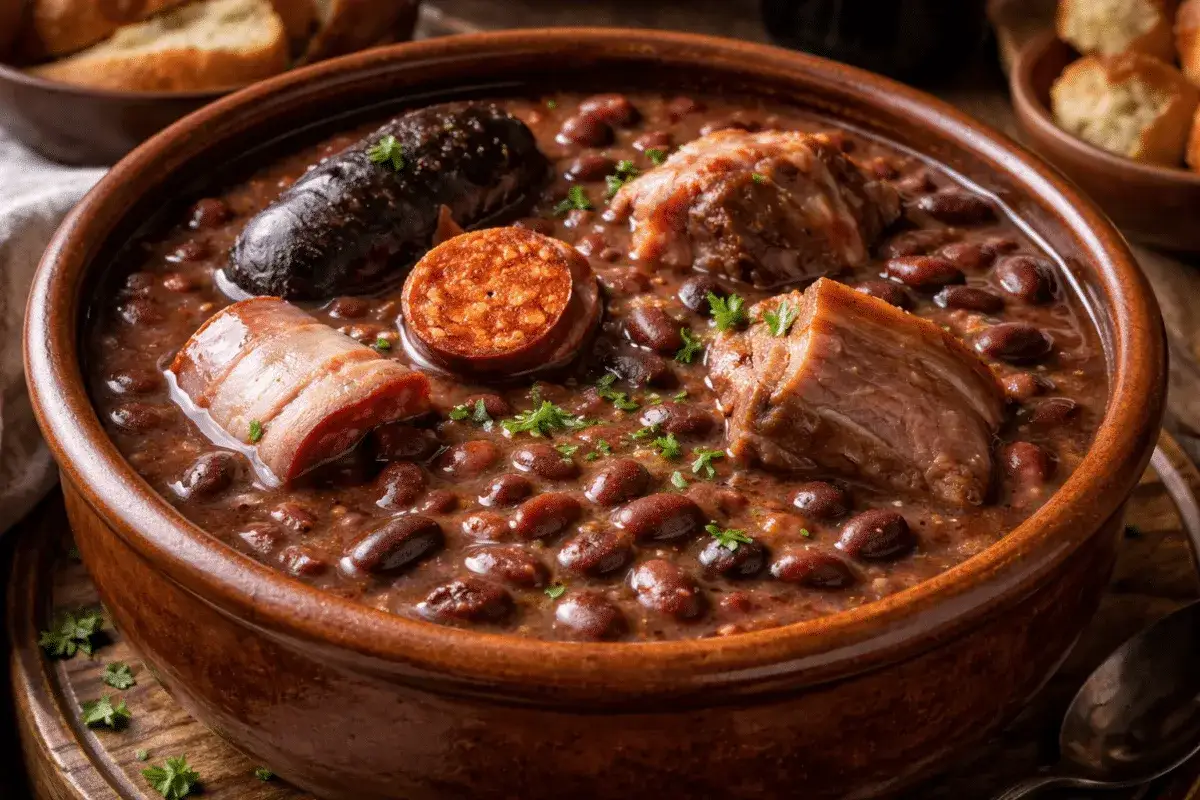Un reconfortante plato de alubias rojas con trozos de chorizo, morcilla y panceta, adornado con perejil fresco.