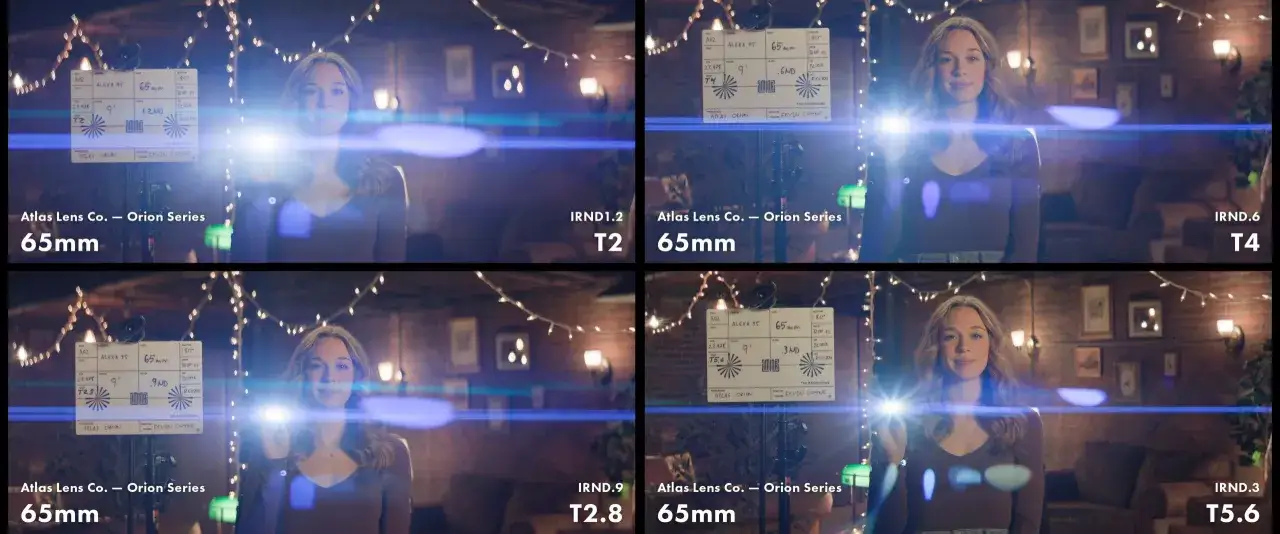 Comparativa de ópticas anamórficas Atlas Orion 65mm, mostrando diferentes aperturas y filtros ND.