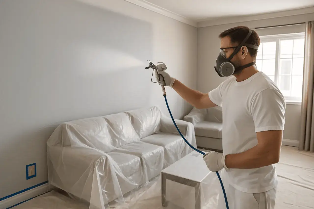 Hombre con mascarilla y guantes, usando una pistola para pintar una pared. Muebles cubiertos con plástico.
