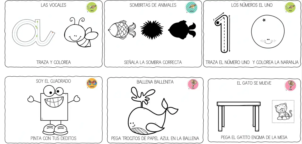 Fichas para ni&ntilde;os de 3 a&ntilde;os: traza vocales, n&uacute;meros, colorea animales y figuras, pega papel.