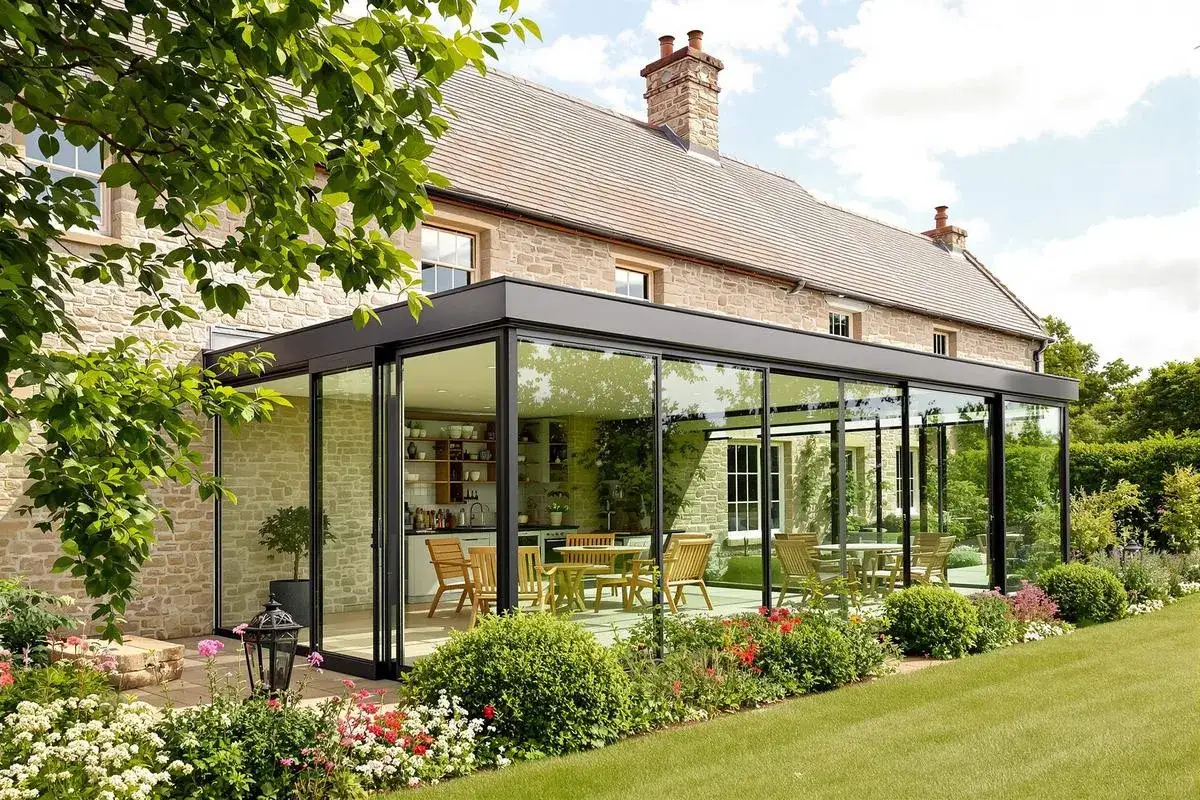 Une &eacute;l&eacute;gante veranda en verre s'adosse &agrave; une maison en pierre, offrant une vue sur une cuisine et une salle &agrave; manger. Le jardin fleuri entoure cette extension moderne.