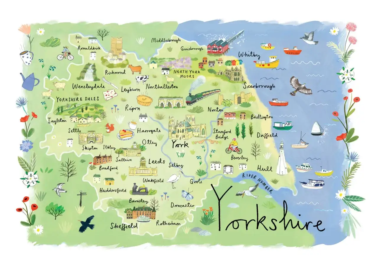 Mappa illustrata dello Yorkshire, con citt&agrave; come York, Leeds, Hull, Scarborough e Whitby, e paesaggi come le Yorkshire Dales e i North York Moors.