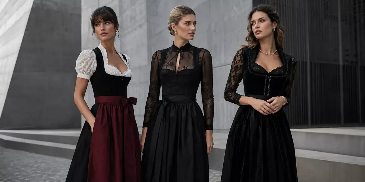 Drei Frauen in eleganten schwarzen Dirndln. Das schwarze Dirndl Bedeutung: ein Symbol für Eleganz und Stil.