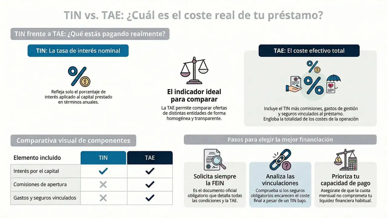La TAE es el coste efectivo total de un préstamo, incluyendo TIN, comisiones y seguros.