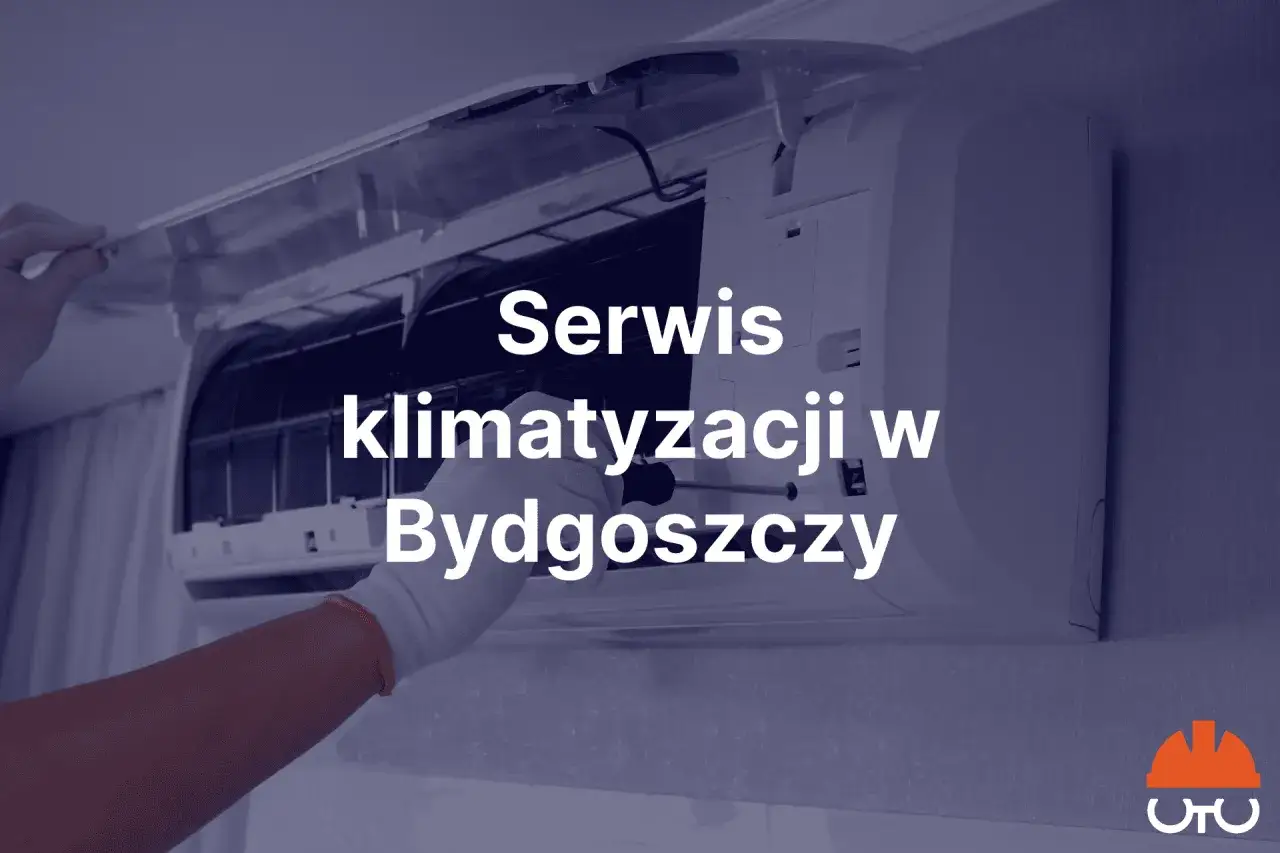 Ręka w białej rękawiczce naprawia klimatyzację. Napis: Serwis klimatyzacji w Bydgoszczy.