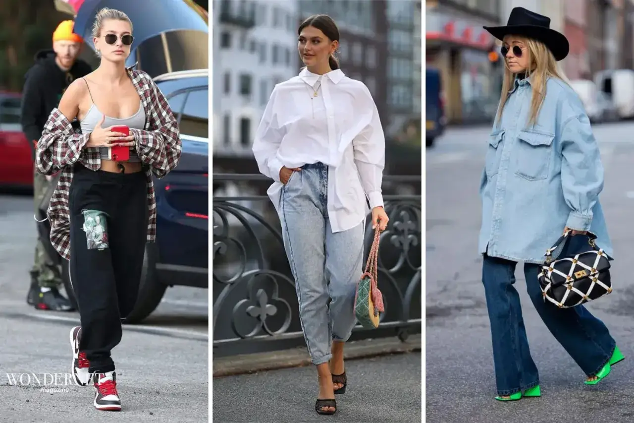 Moda oversize: tre donne sfoggiano look ampi e comodi. Una con camicia a quadri aperta su top e pantaloni sportivi, un'altra con camicia bianca e jeans, la terza con giacca di jeans e jeans a zampa.
