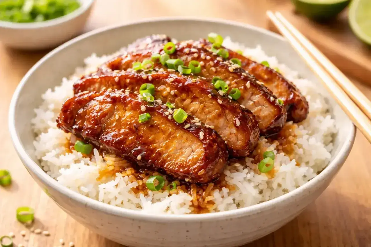 Délicieux porc au caramel asiatique, nappé d'une sauce brillante, servi sur un lit de riz blanc et garni de ciboule et de sésame. Une recette parfaite pour un repas savoureux.