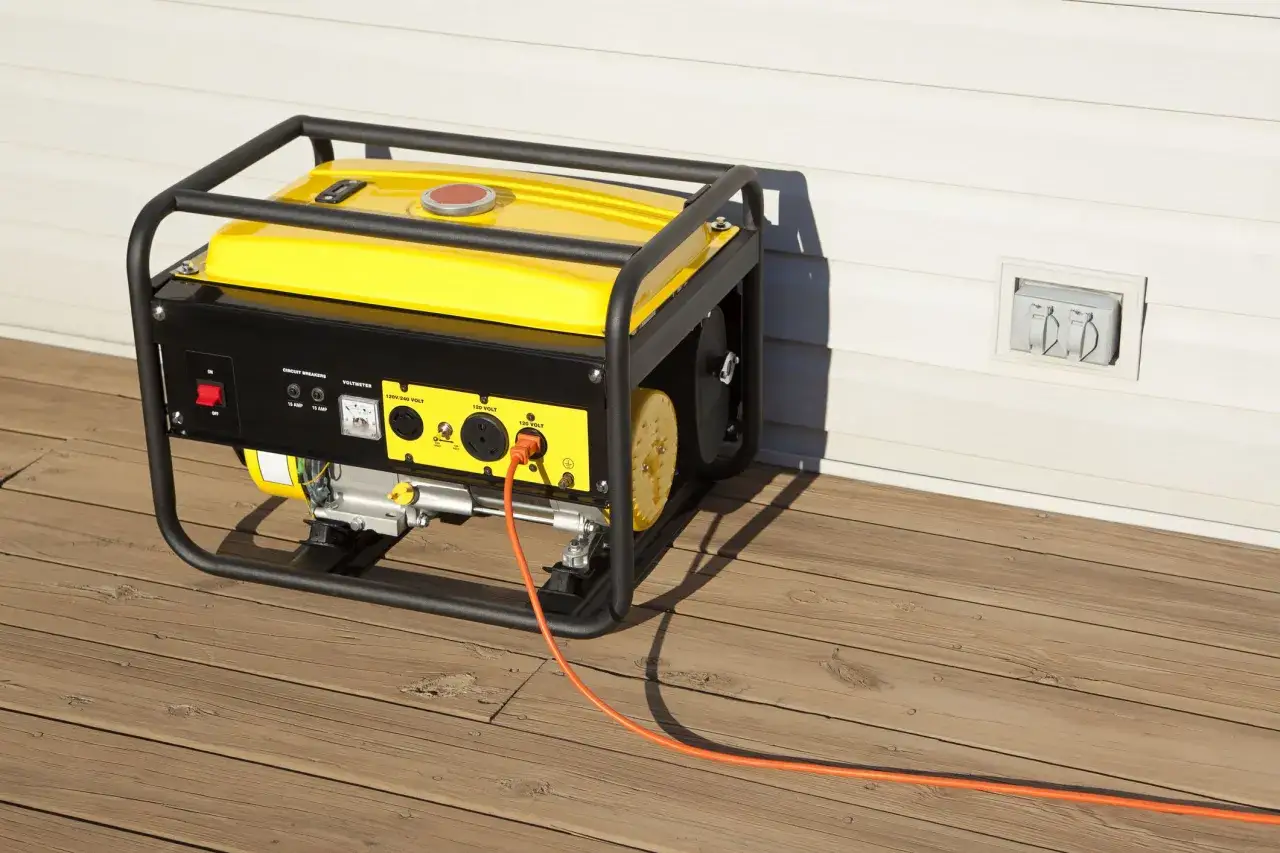 Un groupe électrogène jaune est prêt à alimenter une maison, avec un câble orange branché sur une prise extérieure.