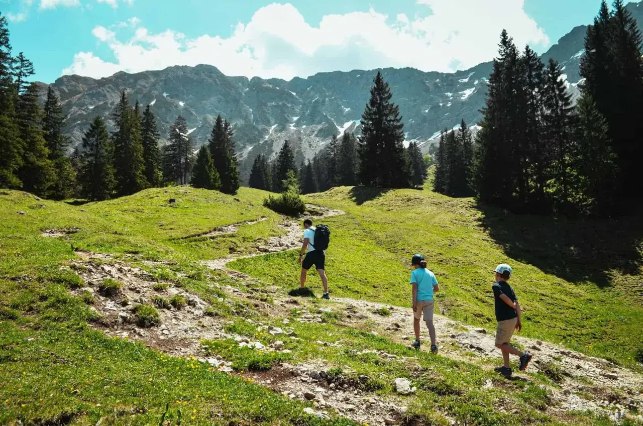 Familie wandert auf einem steinigen Pfad, der an einen alten Schmugglerpfad Oberjoch erinnert, durch grüne Almwiesen mit Nadelbäumen und schneebedeckten Bergen im Hintergrund.