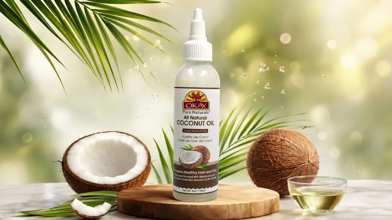Olejowanie włosów olejem kokosowym z OKAY Pure Naturals. Butelka oleju, kokosy i liście palmowe.