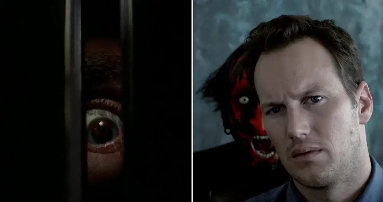 Oko patrzące zza krat, przerażająca twarz z czerwonymi wzorami i białą źrenicą, zapowiedź horror&oacute;w jumpscare.