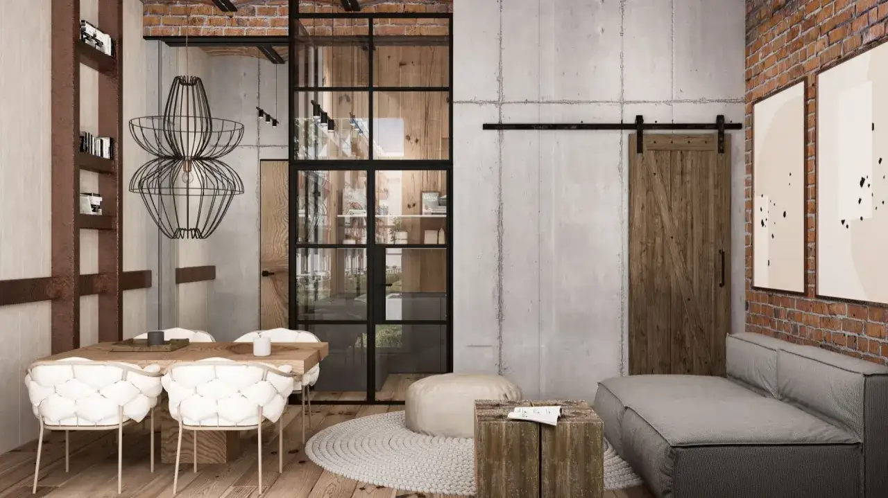 Nowoczesny salon w stylu industrialnym: beton, cegła, drewno, szara sofa, okrągły dywan i designerska lampa nad drewnianym stołem.