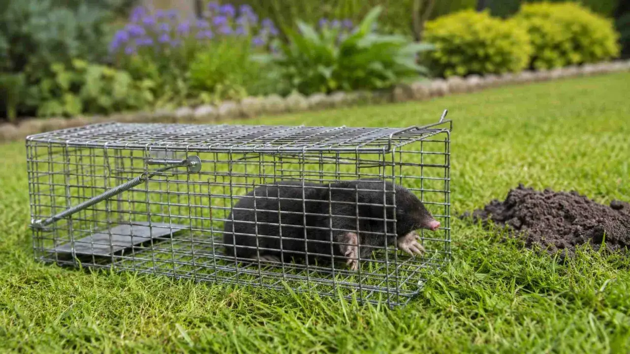 Kret w pułapce na trawniku. To pokazuje, co oznacza jak kret ryje &ndash; jego podziemne tunele doprowadziły go do klatki.