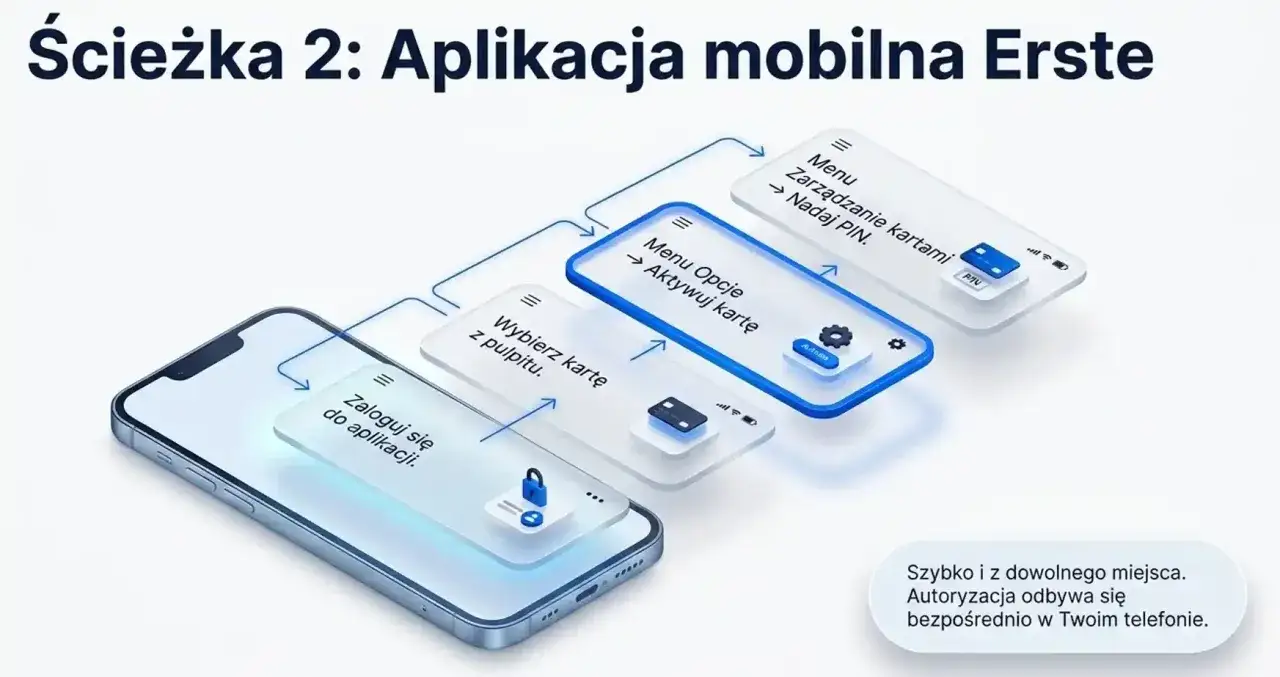 Ilustracja pokazuje kroki, jak aktywować kartę Santander w aplikacji mobilnej Erste: zaloguj się, wybierz kartę, aktywuj ją w opcjach, a następnie nadaj PIN.