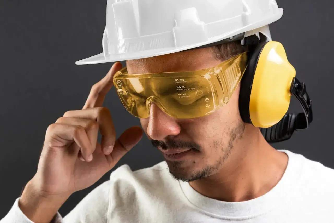 Hombre con casco, gafas amarillas con HUD y **epi para ruido** amarillo.