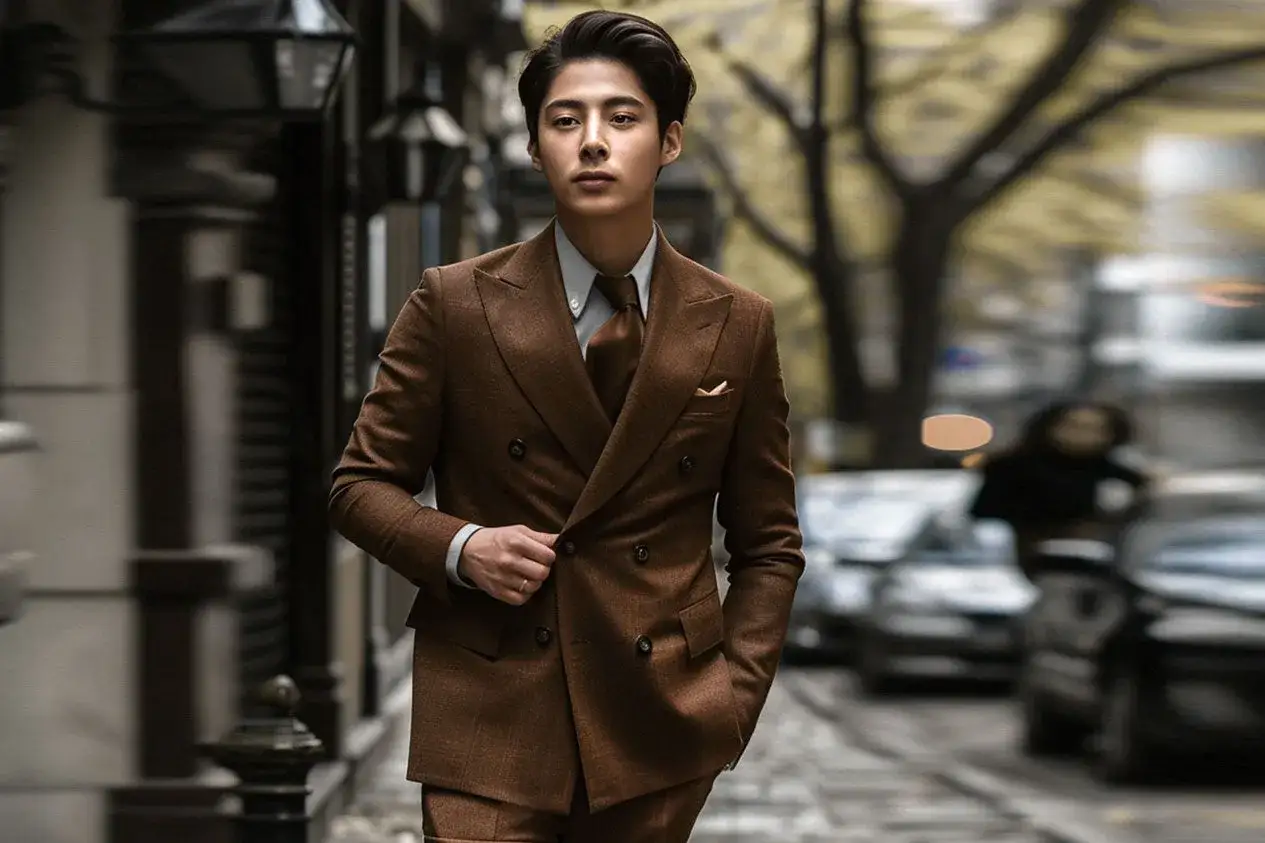 A young man in a sharp brown suit, embodying dark academia aesthetic outfits, walks down a city street.