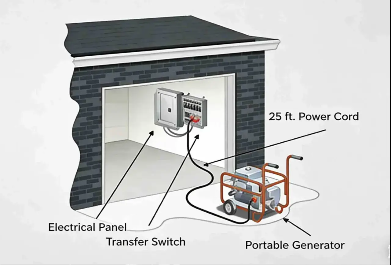 Schemat pokazuje, jak podłączyć agregat do domu: przenośny generator, przełącznik transferowy i panel elektryczny połączone kablem zasilającym.