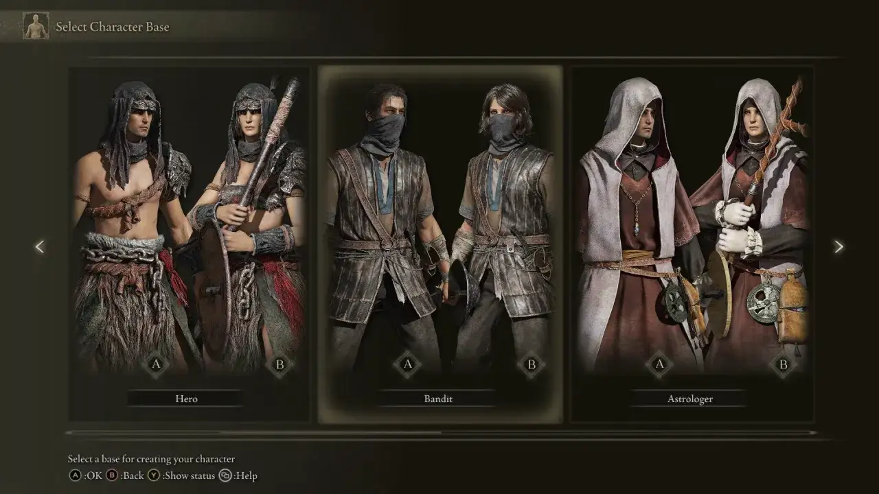 Selección de bases para crear tu personaje en Elden Ring: Héroe, Bandido y Astrólogo.