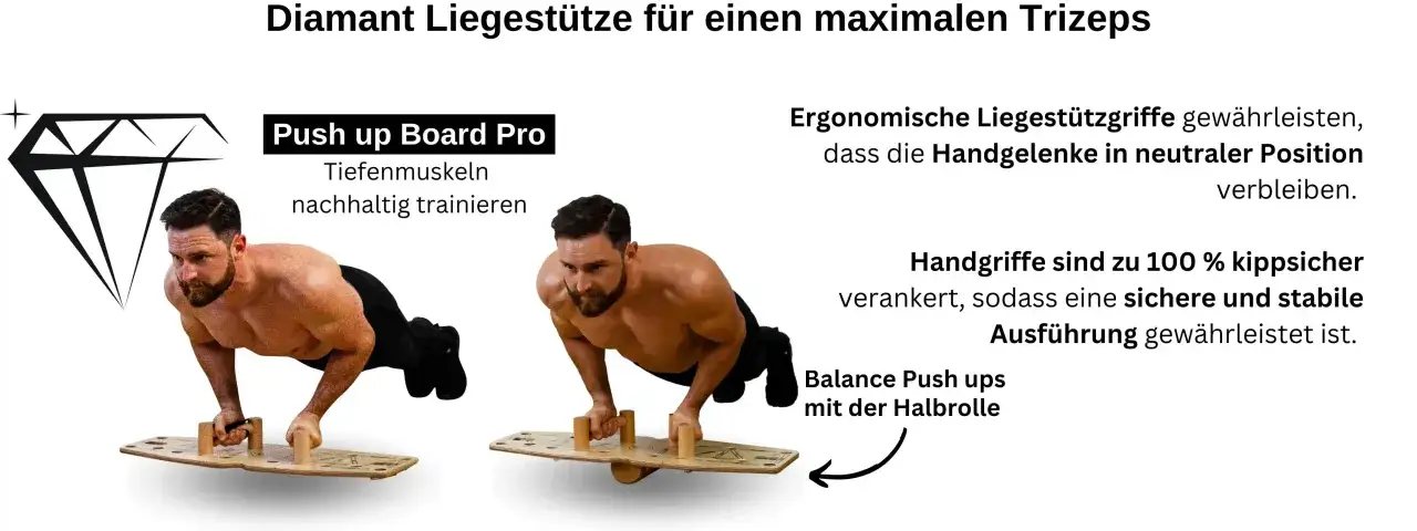 Mann macht Diamant Liegest&uuml;tze auf einem Trainingsbrett f&uuml;r maximale Trizeps-Kraft. Ergonomische Griffe sorgen f&uuml;r Stabilit&auml;t.