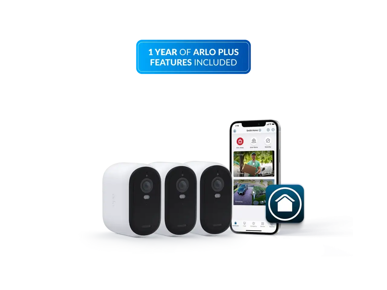 Tre Arlo-kameror och en mobiltelefon som visar Arlo-appen. Ett år av Arlo Plus-funktioner ingår, vilket garanterar lång arlo batteritid.