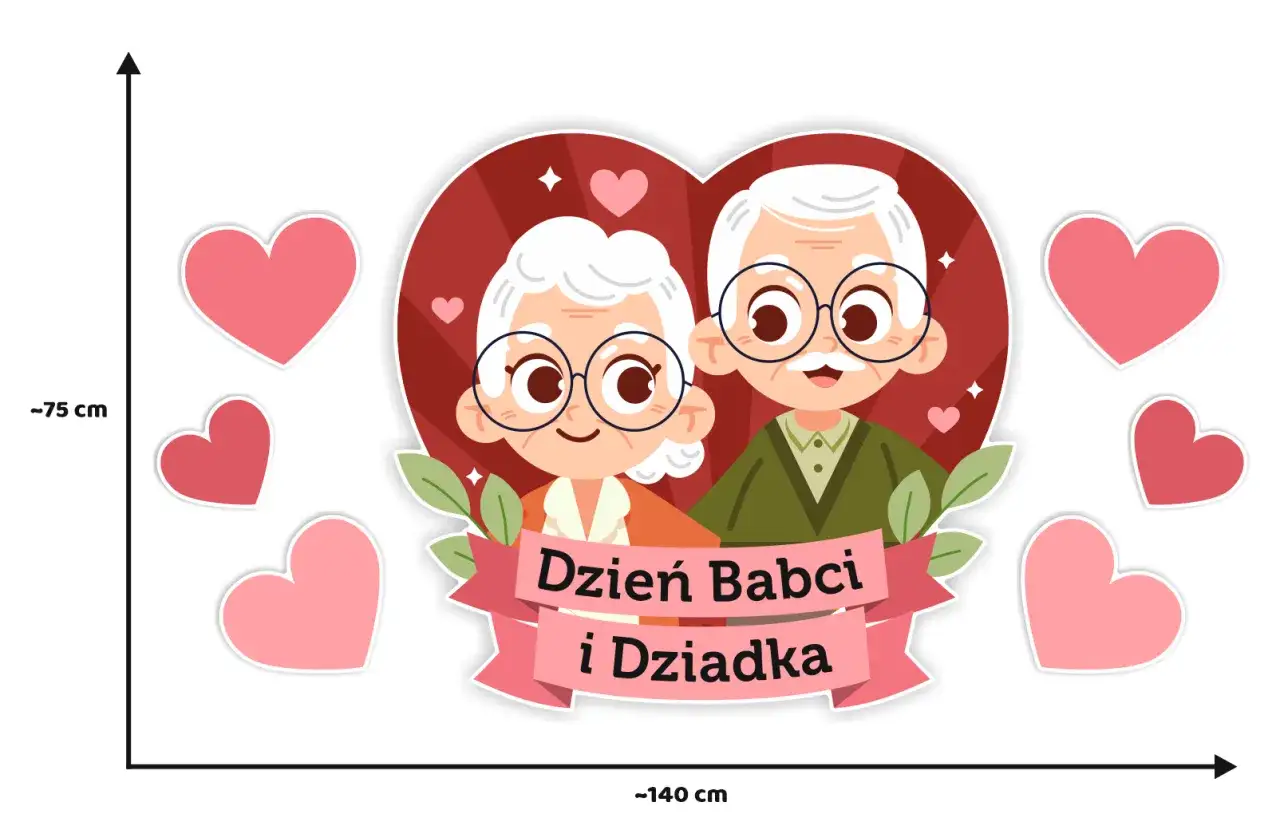 Urocze serce dla babci i dziadka, praca plastyczna z uśmiechniętą parą seniorów i różowymi serduszkami.