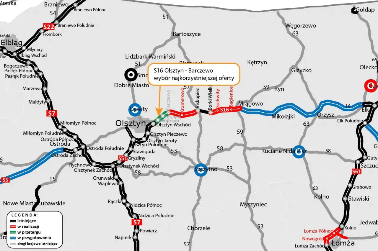 Mapa drogowa Warmii i Mazur z zaznaczoną trasą S16 Olsztyn-Barczewo. Idealna na mikołajki w Olsztynie!