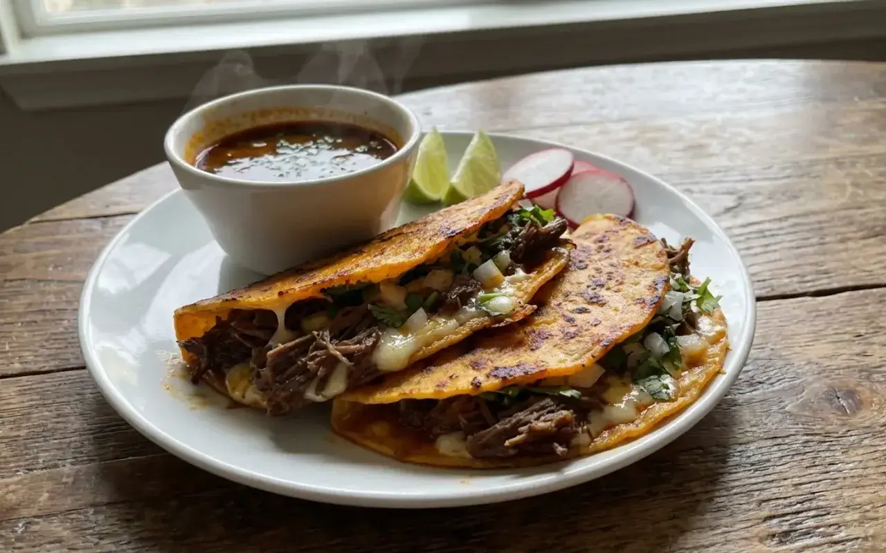 &Aring;ngande birria tacos med ost, l&ouml;k och koriander, serverade med en sk&aring;l consomm&eacute;, limeklyftor och r&auml;disor.