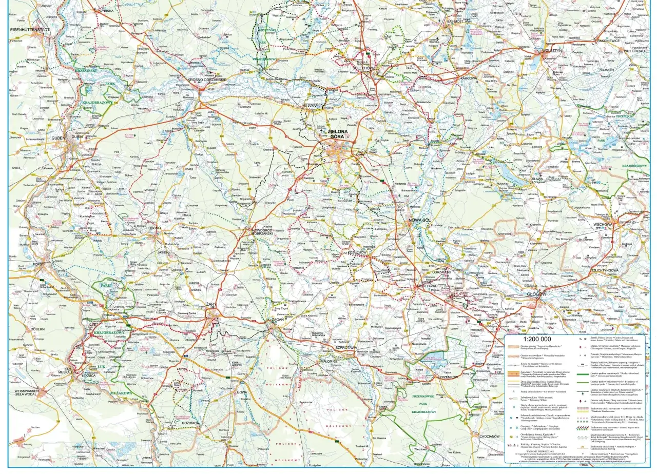 Mapa pokazuje najpiękniejsze trasy rowerowe lubuskie, z zaznaczonymi drogami, miastami i atrakcjami turystycznymi.