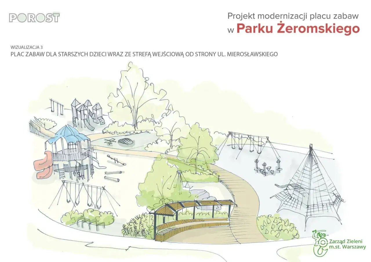 Plac zabaw Park Żeromskiego motyw literacki rzeźby książki