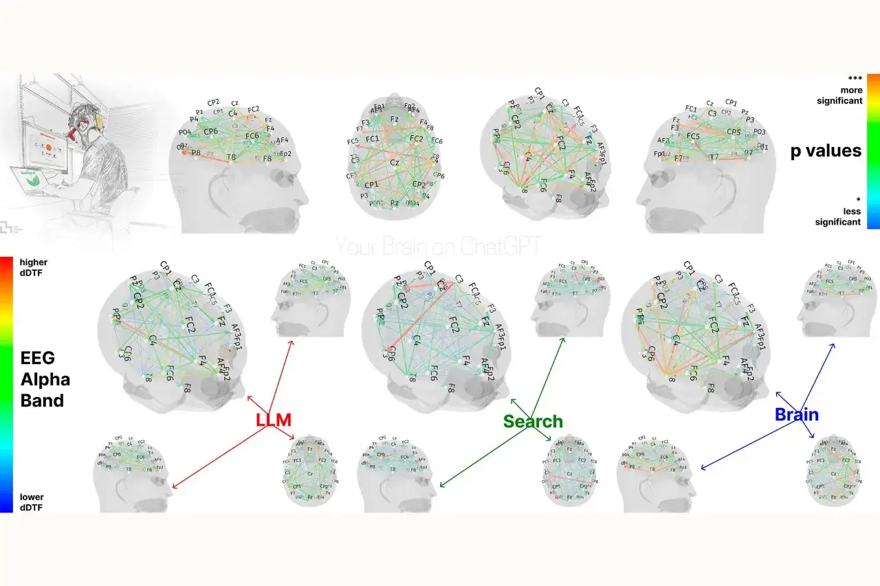 EEG-Daten zeigen neuronale Verbindungen im Gehirn w&auml;hrend der kognitiven Wissenschaft. LLM, Search und Brain sind mit spezifischen Hirnregionen verbunden.